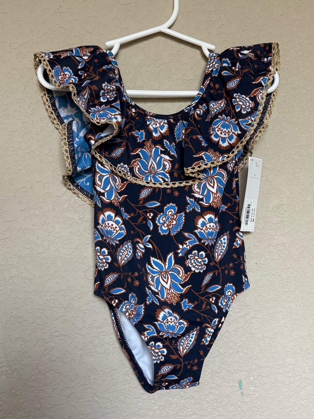 Janie & Jack Girls Navy Floral Ruffle One-Piece Swimsuit